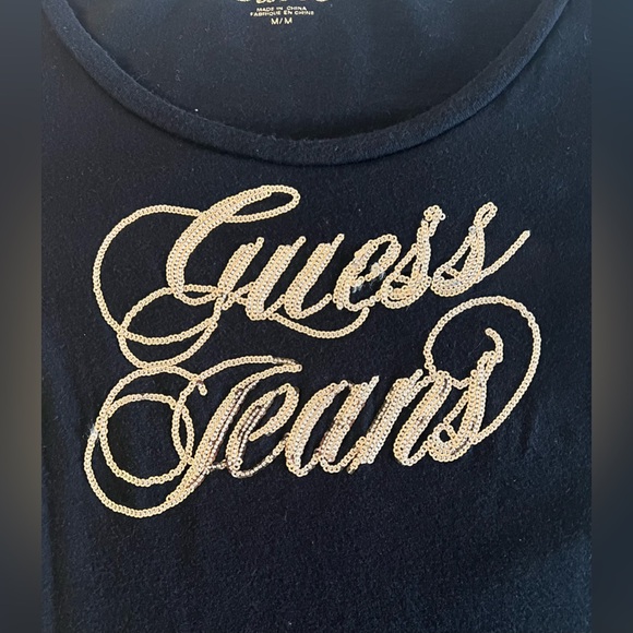 GUESS Jeans Gold Sequins Top Sz M Womens Black Tee Shirt Logo - Picture 2 of 5